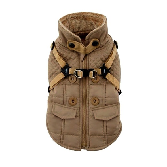Tan Quilted Dog Jacket with Harness Wilkes Fleece Dog Vest by Puppia - Beige - Picture 1 of 8